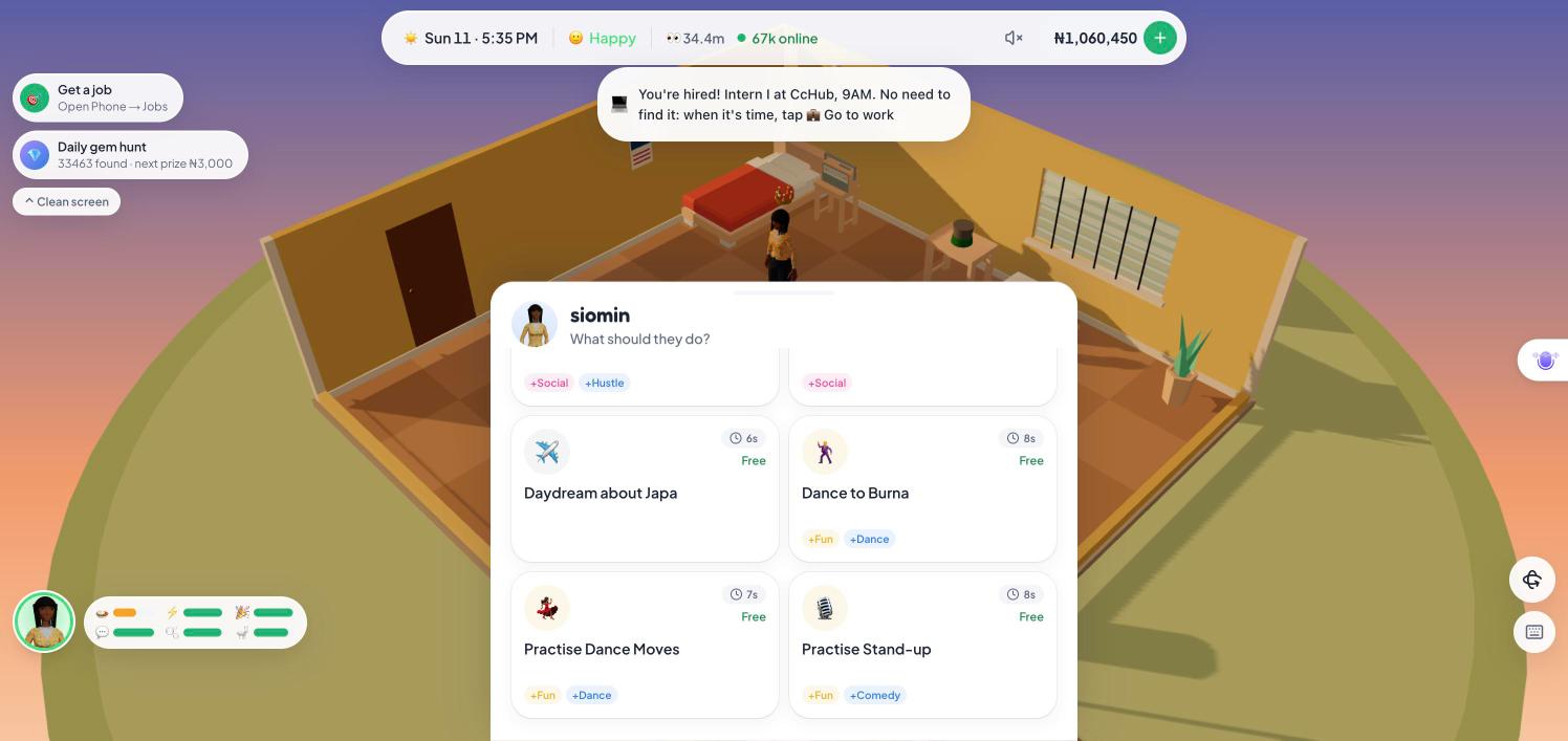The in-game 'What should they do?' action menu with quick actions like Practise Stand-up, Dance to Burna and WhatsApp Hustle