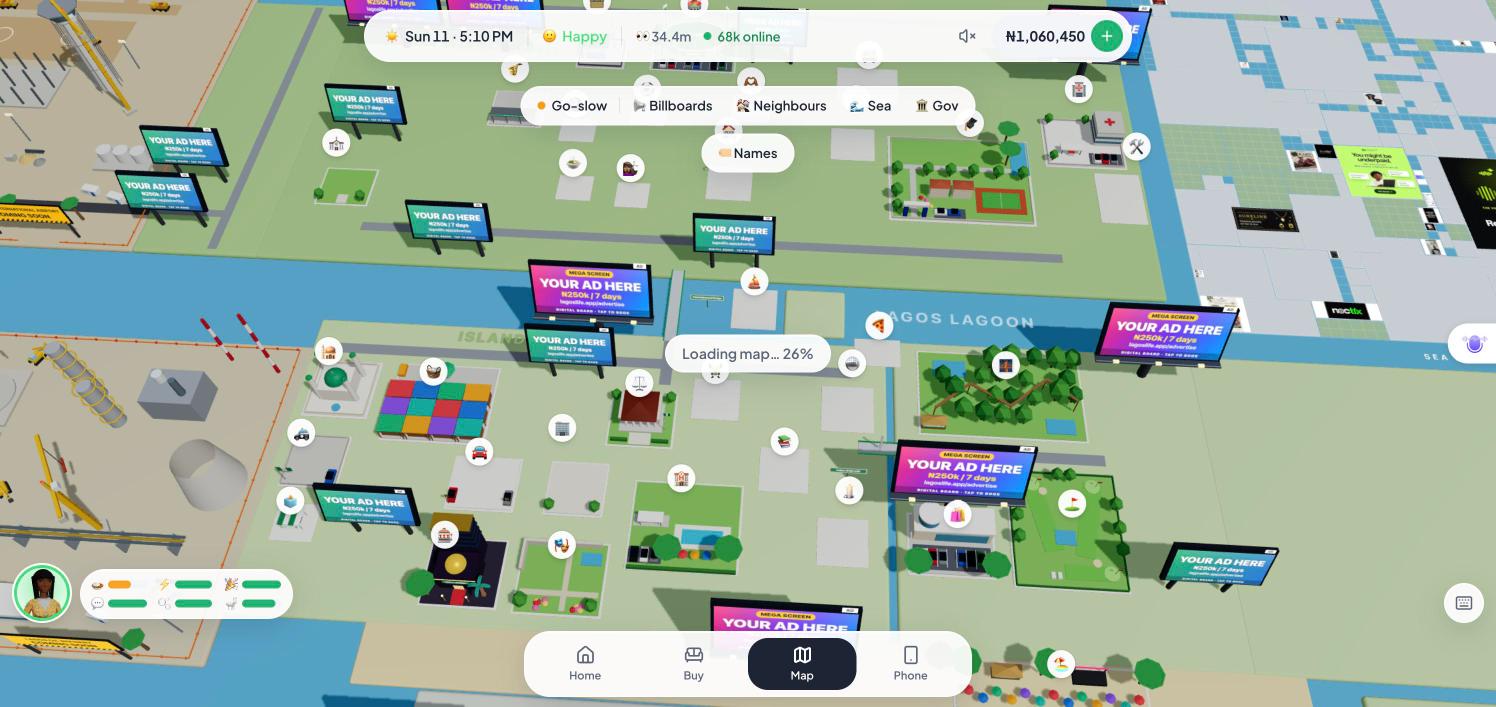 The Lagos Life city map, a 3D Lagos covered in real brand billboards